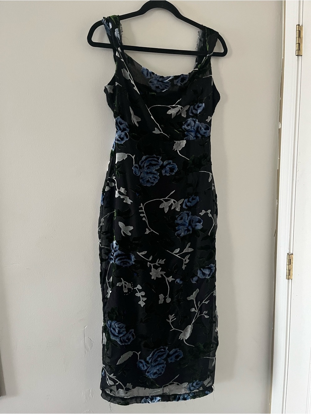 Lulus Black Blue Floral Velvet Burnout Midi Dress Small Romantic Wedding Guest